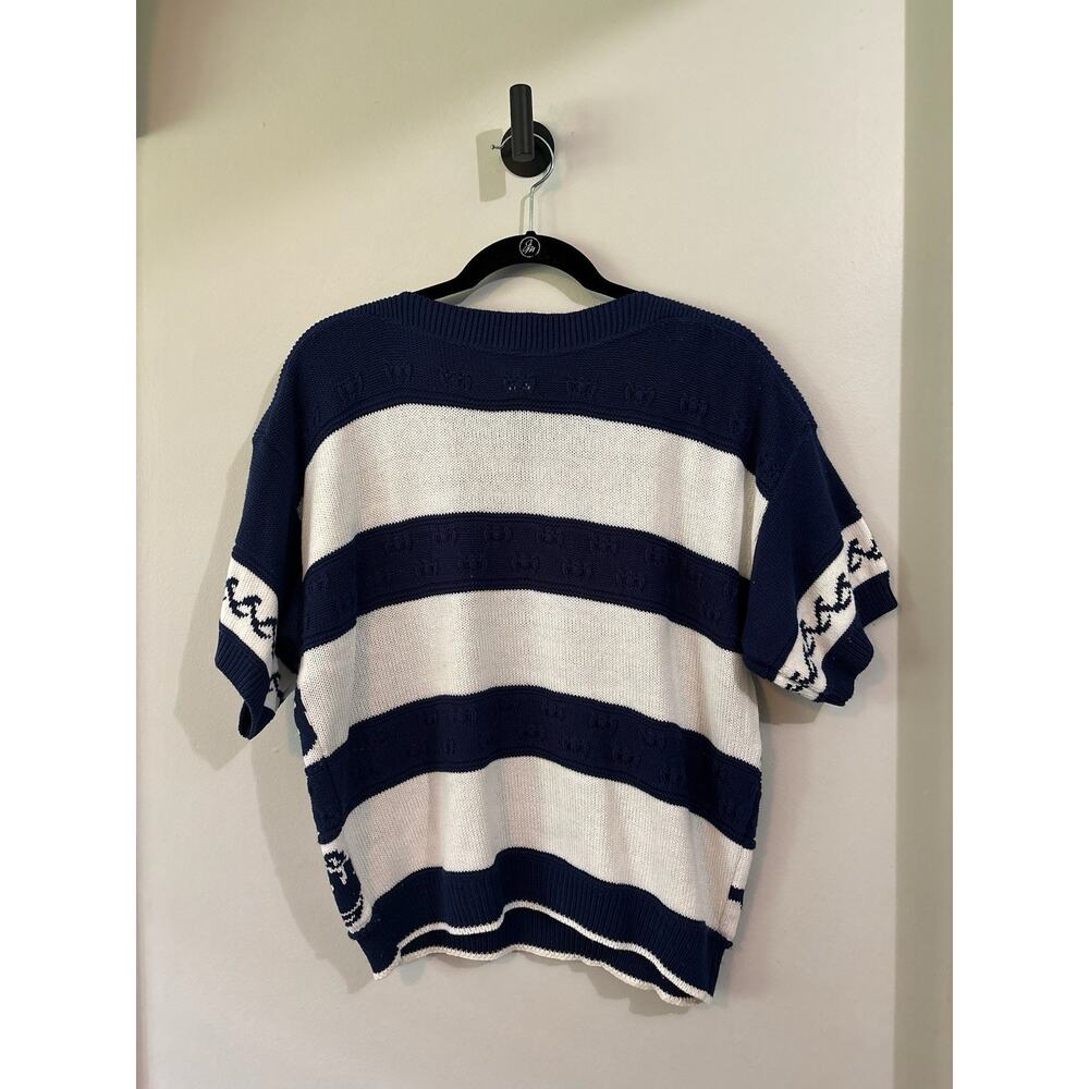VINTAGE Knitmakers Fish Nautical Sweater Women Large Short Sleeve Navy White - Picture 3 of 6